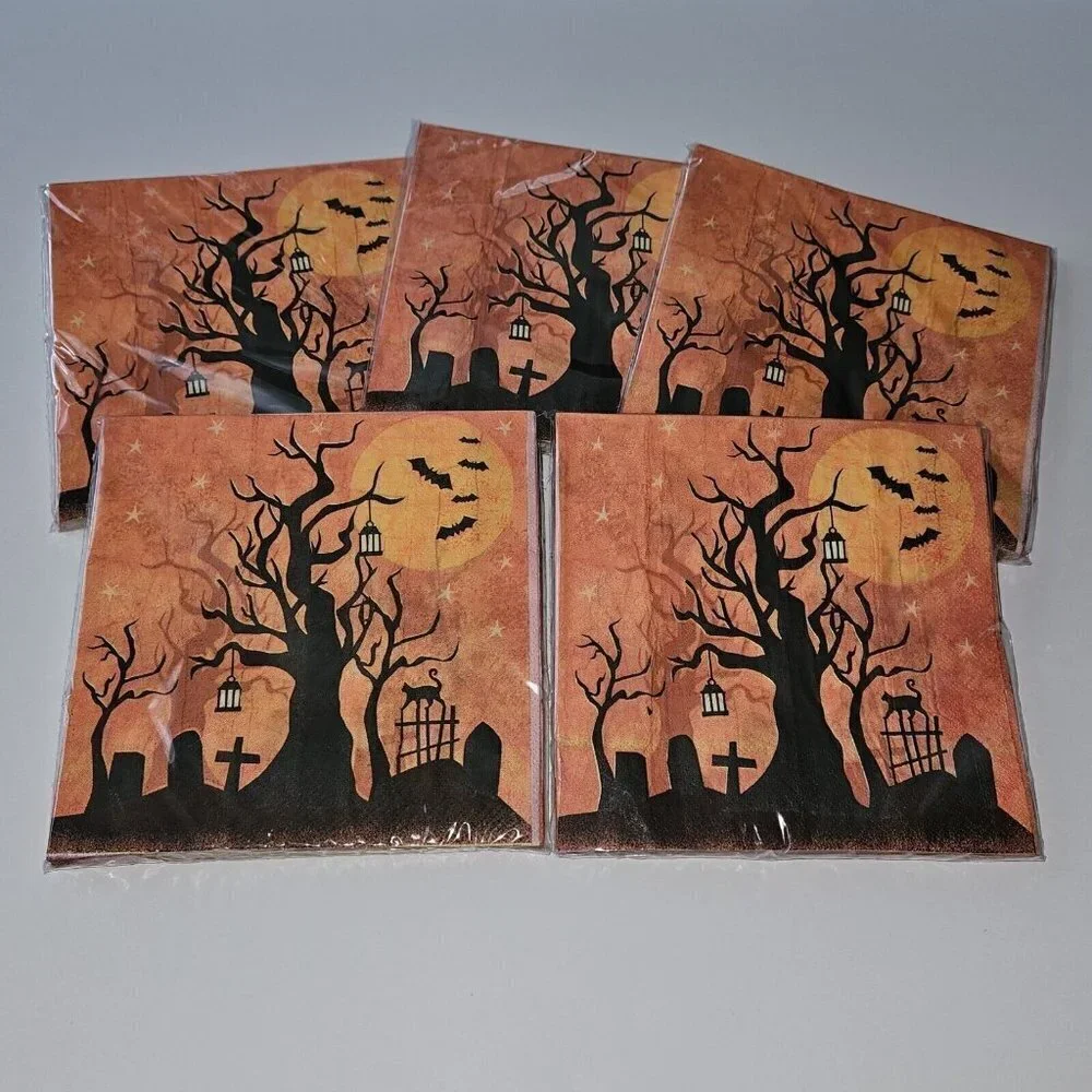 NEW 5 Packages Full Moon Halloween Napkins Lot Graveyard Tree Stars Bats Orange